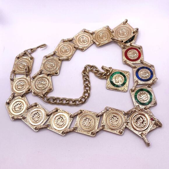 Vintage Belt Hong Kong Signed Gold Tone Enamel Color Coin 37 inches